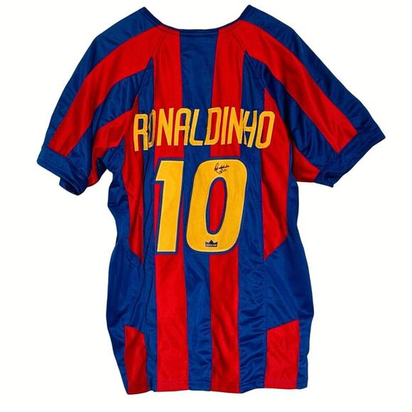 Facsimile Autographed Ronaldinho FC Barcelona Blue/Red Reprint Jersey Men's XL - Picture 2 of 6